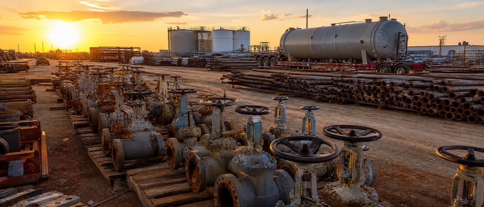 Oilfield surplus equipment yard at golden hour with valves, pipe, and vessels