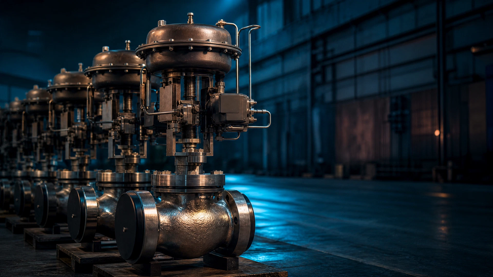 Unbranded control valves with pneumatic actuators in an inspection bay