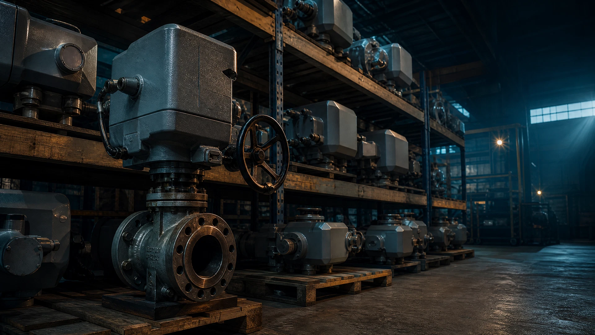 Unbranded electric valve actuators and valve packages in a service bay