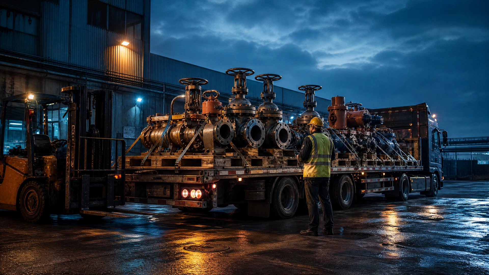 Palletized industrial valves being prepared for unbranded freight pickup