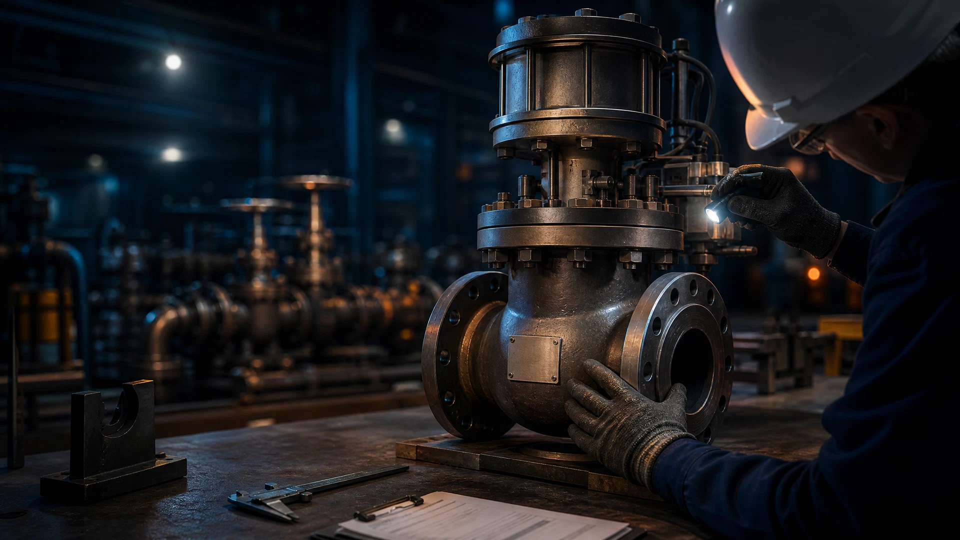 Gloved technician documenting an unbranded valve and actuator package