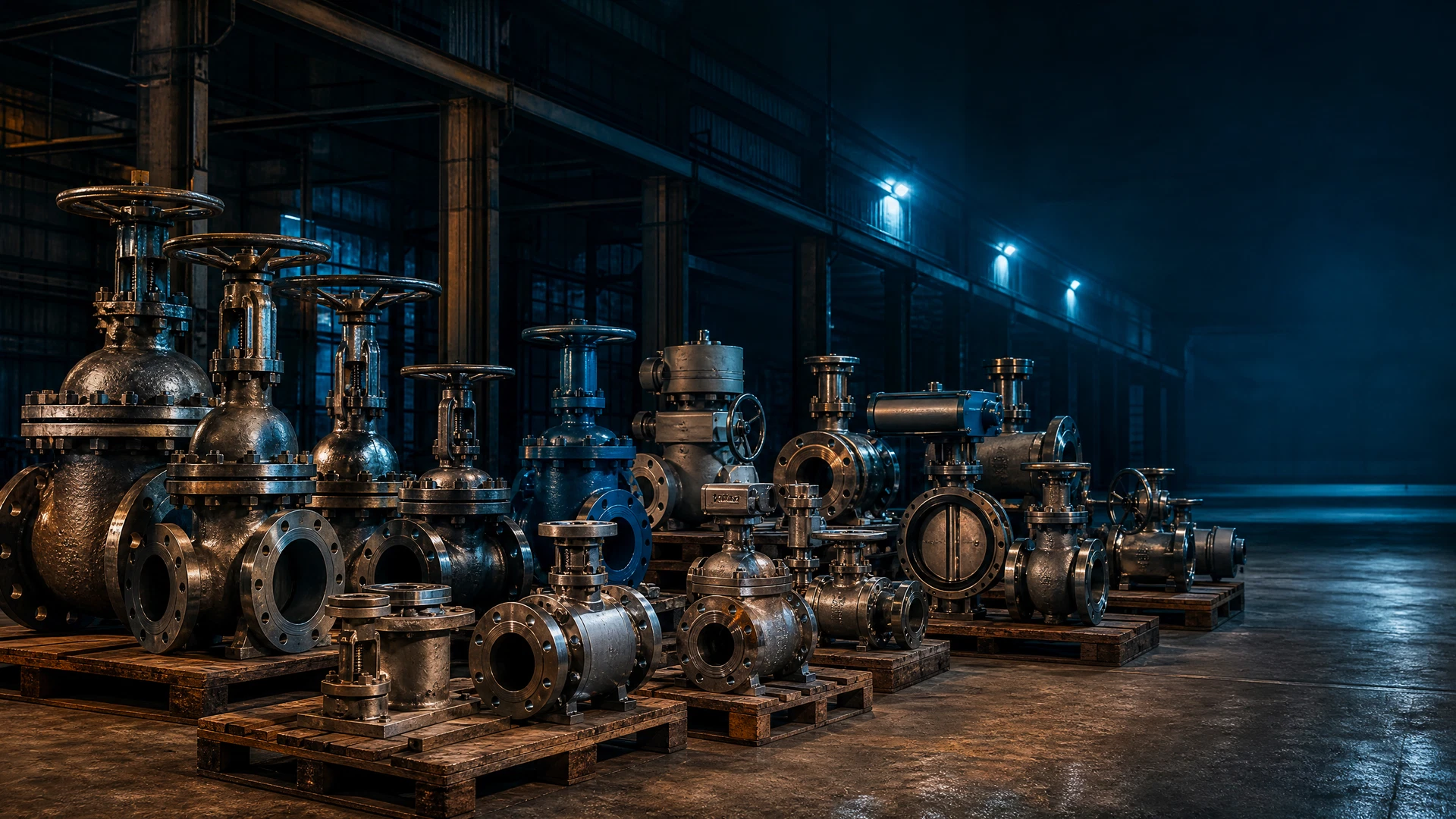 Mixed unbranded industrial valve types arranged for inventory review