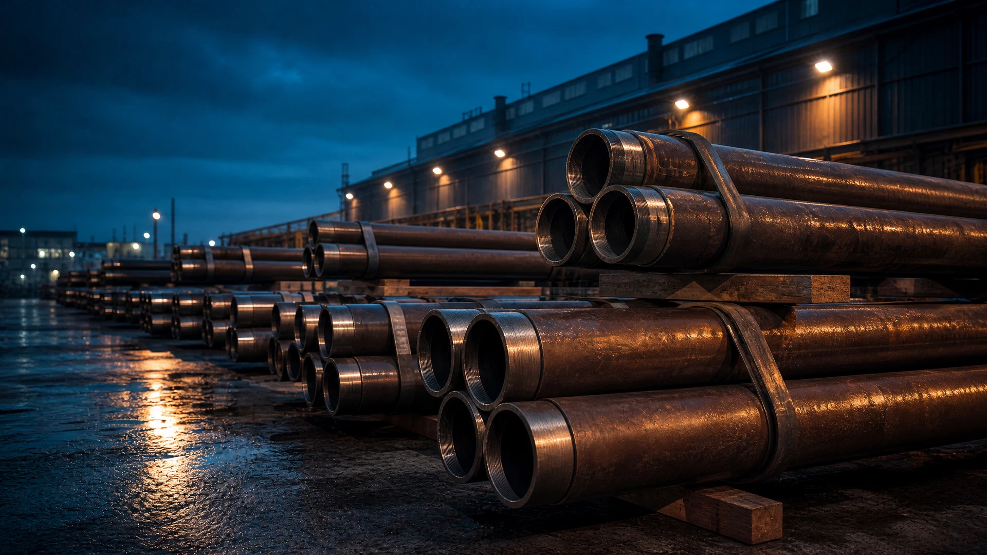 Bundled unbranded oilfield and industrial pipe in an equipment yard
