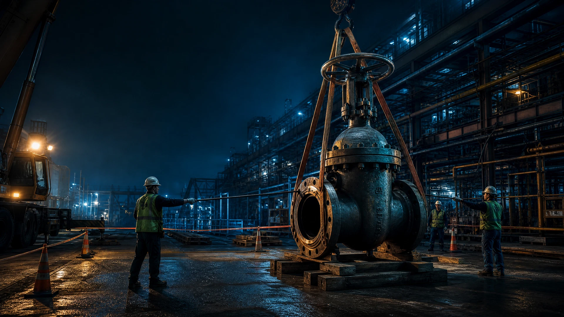 Controlled rigging operation lifting decommissioned industrial equipment