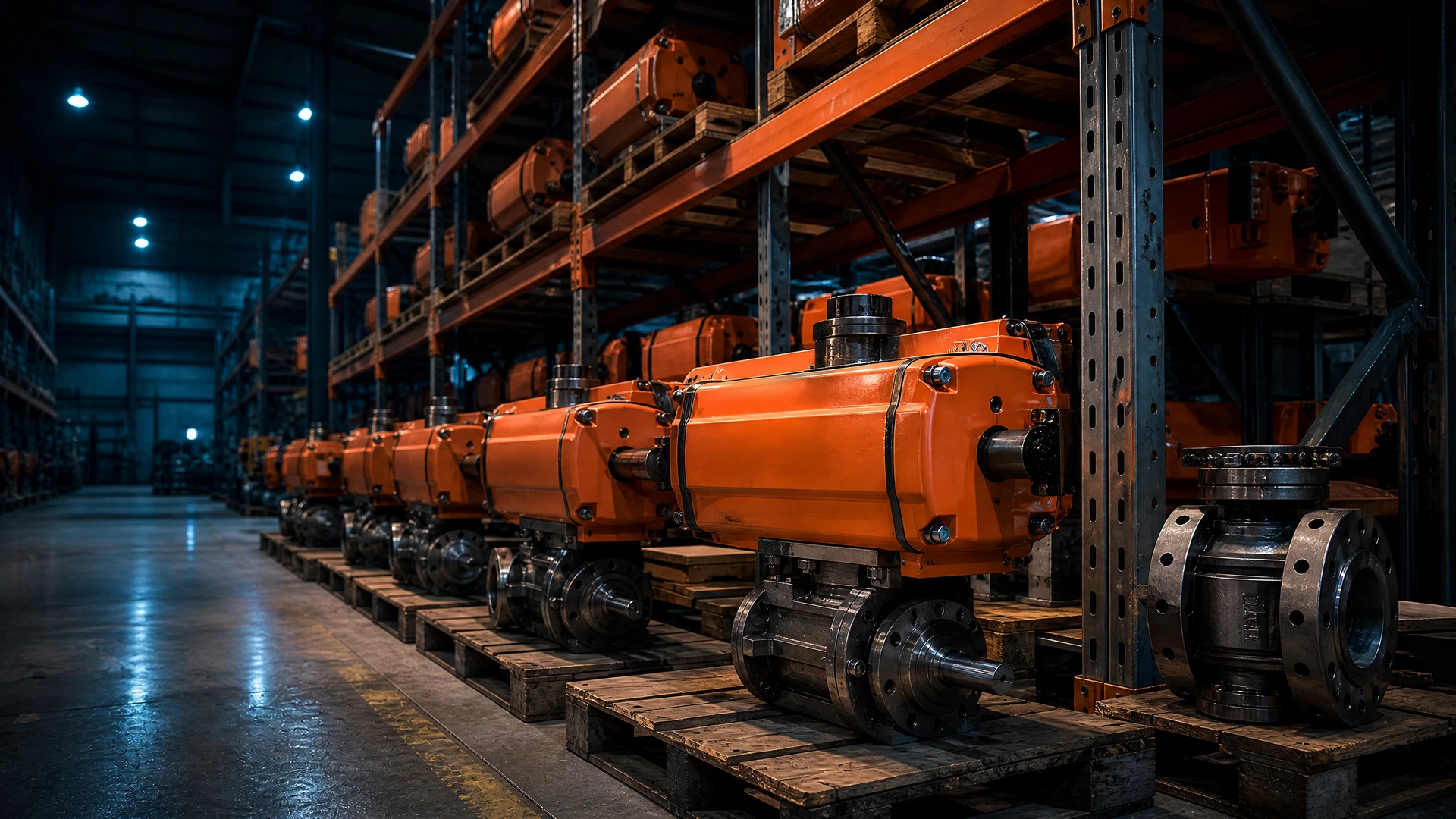 Orange unbranded pneumatic valve actuators staged in a workshop