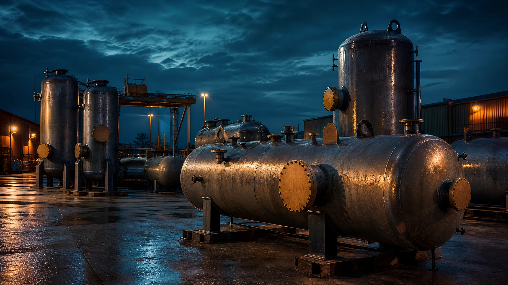Unbranded tanks and pressure vessels staged in a heavy-equipment yard