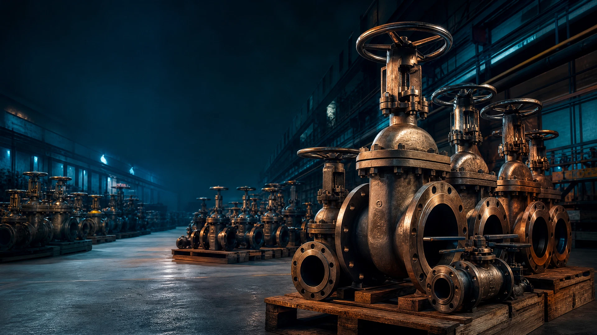 Unbranded gate and ball valves staged in an industrial warehouse